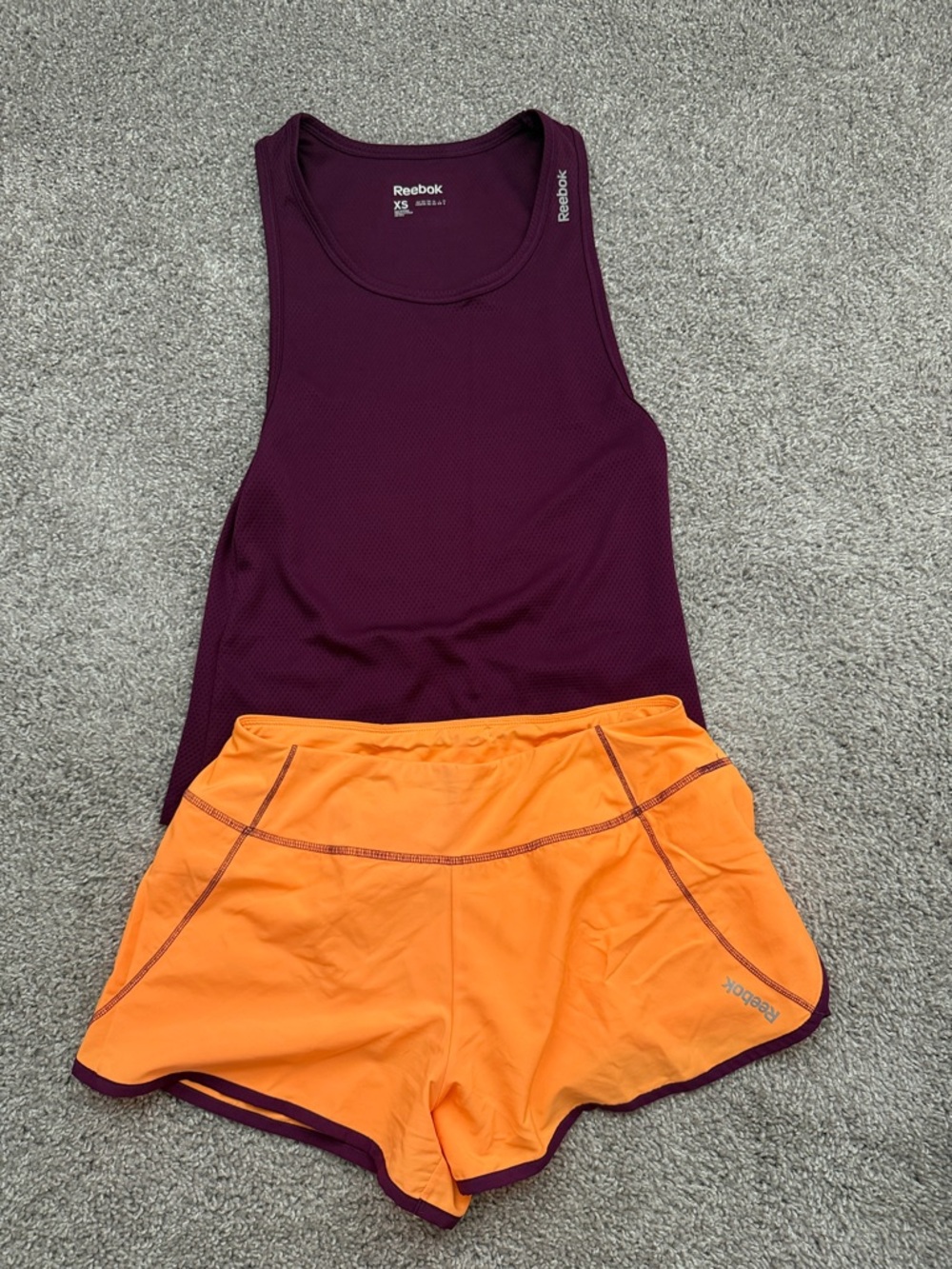 Reebok Speedwick Plum Performance Tank with Bright Orange Running Shorts